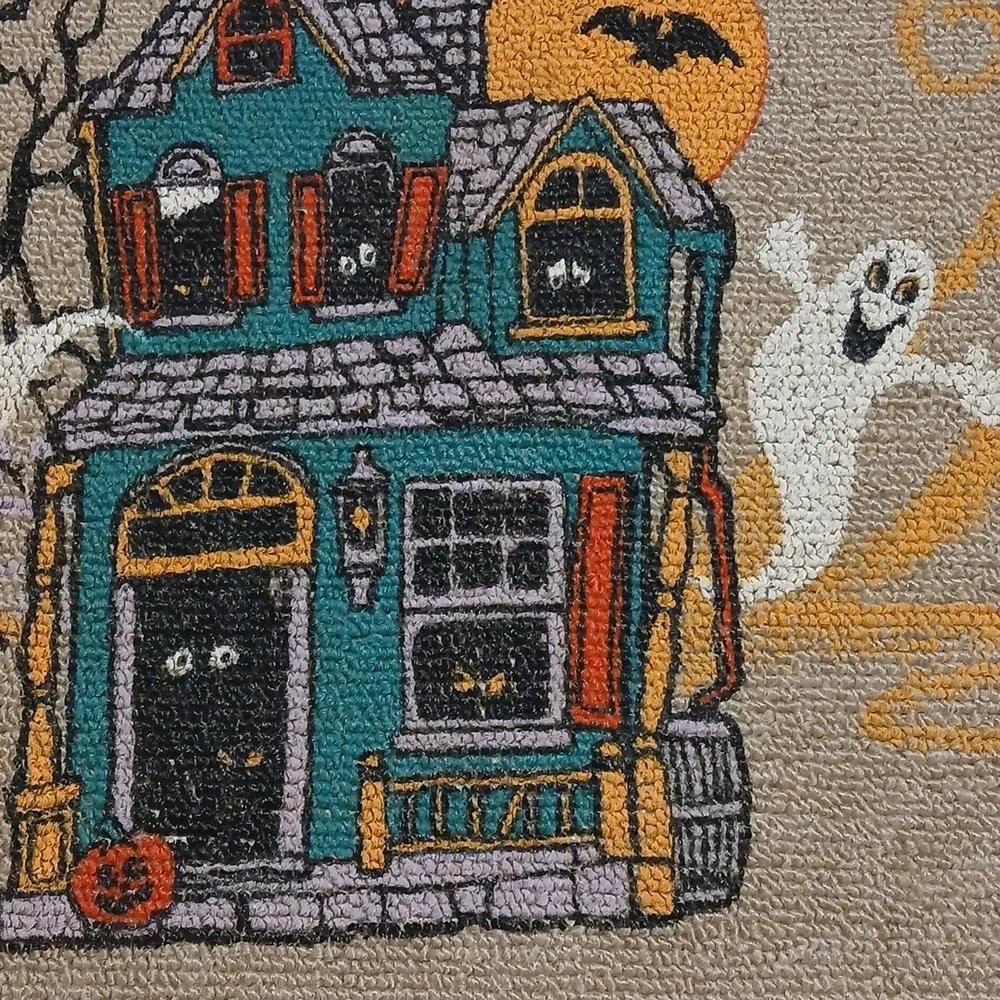 Happy Halloween Vintage Kitsch Cute Door Mat Haunted House Ghosts Bat 24 x 18